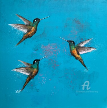 Painting titled "Flight Of The Hummi…" by Laure Bury, Original Artwork, Oil Mounted on Wood Stretcher frame