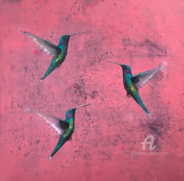 Peinture intitulée "Flight Of The Hummi…" par Laure Bury, Œuvre d'art originale, Huile Monté sur Châssis en bois