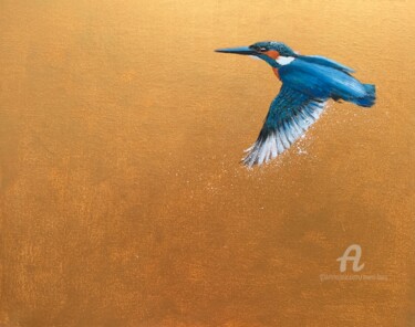 Schilderij getiteld "Kingfisher in Flight" door Laure Bury, Origineel Kunstwerk, Olie Gemonteerd op Frame voor houten branca…