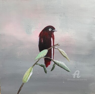 Painting titled "Pompadour Cotinga" by Laure Bury, Original Artwork, Oil Mounted on Wood Stretcher frame