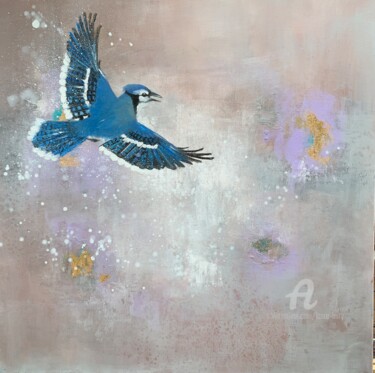 Painting titled "Blue Jay" by Laure Bury, Original Artwork, Oil Mounted on Wood Stretcher frame