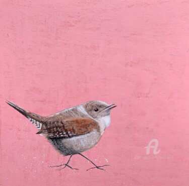 Painting titled "Wild ~ Wren on Rose" by Laure Bury, Original Artwork, Oil Mounted on Wood Stretcher frame