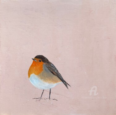 Painting titled "Red Robin ~ on Rose…" by Laure Bury, Original Artwork, Oil Mounted on Wood Stretcher frame