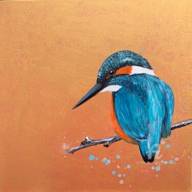 Painting titled "Kingfisher on Gold" by Laure Bury, Original Artwork, Oil Mounted on Wood Stretcher frame