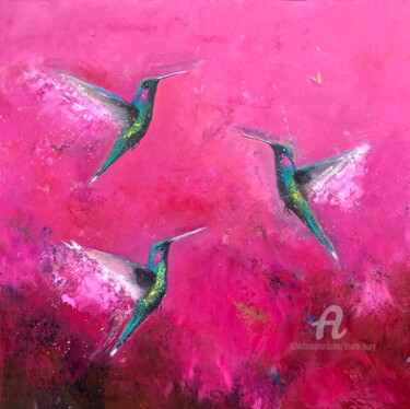 Painting titled "The Joy of Hummingb…" by Laure Bury, Original Artwork, Oil Mounted on Wood Stretcher frame