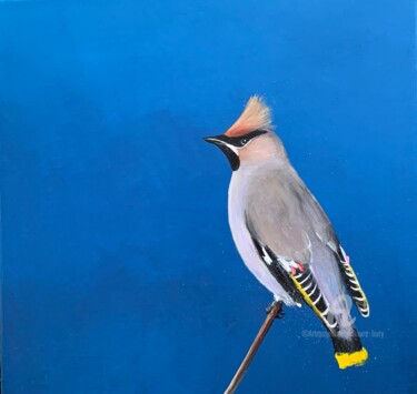 Painting titled "Bohemian waxwing" by Laure Bury, Original Artwork, Oil Mounted on Wood Stretcher frame