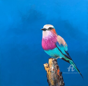 Painting titled "Lilac Breasted Roll…" by Laure Bury, Original Artwork, Oil Mounted on Wood Stretcher frame