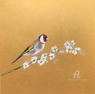 Painting titled "Goldfinch on Cherry…" by Laure Bury, Original Artwork, Oil Mounted on Wood Stretcher frame