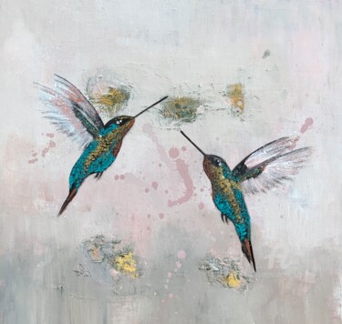 Painting titled "Hummingbirds in Fli…" by Laure Bury, Original Artwork, Oil Mounted on Wood Stretcher frame