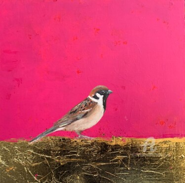 Painting titled "Male Sparrow" by Laure Bury, Original Artwork, Oil Mounted on Wood Stretcher frame