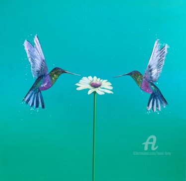 Schilderij getiteld "Two Hummingbirds ~…" door Laure Bury, Origineel Kunstwerk, Olie Gemonteerd op Frame voor houten brancard