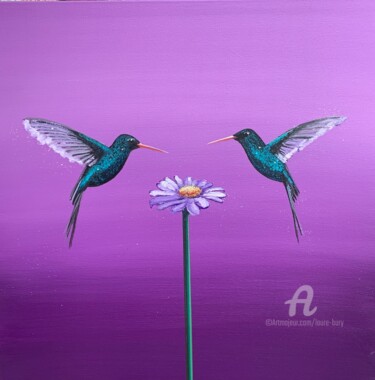 Painting titled "Two Hummingbirds ~…" by Laure Bury, Original Artwork, Oil Mounted on Wood Stretcher frame