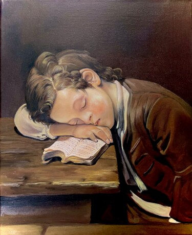 Картина под названием "Petit écolier endor…" - Laure Dupuy, Подлинное произведение искусства, Масло Установлен на Деревянная…