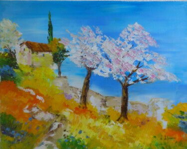 Painting titled "Amandiers en fleurs" by Laure Leprince, Original Artwork, Oil