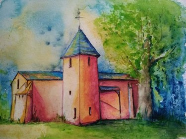 Painting titled "Eglise Saint-Martia…" by Gribouillages Laure Marand, Original Artwork, Watercolor