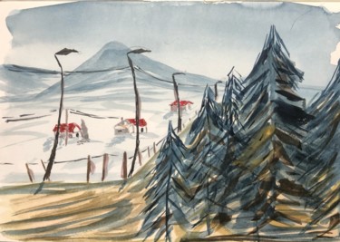 Painting titled "Paysage montagneux" by Laurette Follot, Original Artwork, Watercolor