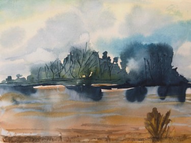 Painting titled "Vue sur l’eau" by Laurette Follot, Original Artwork, Watercolor