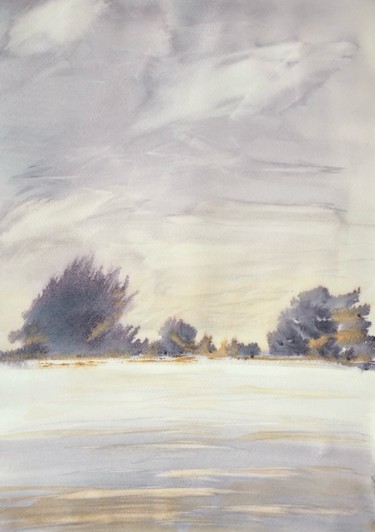 Painting titled "Lac gelé" by Laurette Follot, Original Artwork, Watercolor Mounted on Cardboard