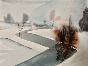 Painting titled "Route en hiver" by Laurette Follot, Original Artwork, Watercolor Mounted on Cardboard