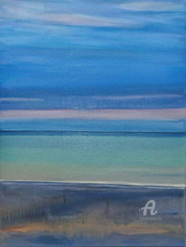 Painting titled "Mer à Pourville sur…" by Laurence Allemand, Original Artwork, Oil Mounted on Wood Stretcher frame