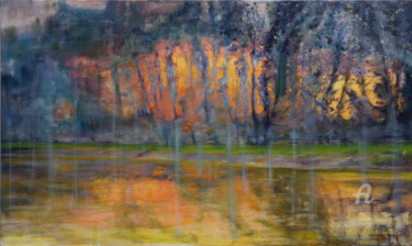Painting titled "Coucher de soleil s…" by Laurence Allemand, Original Artwork, Oil Mounted on Wood Stretcher frame