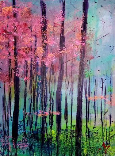 Painting titled "La forêt imaginaire…" by Laurence Ansiaux, Original Artwork, Acrylic Mounted on Wood Stretcher frame