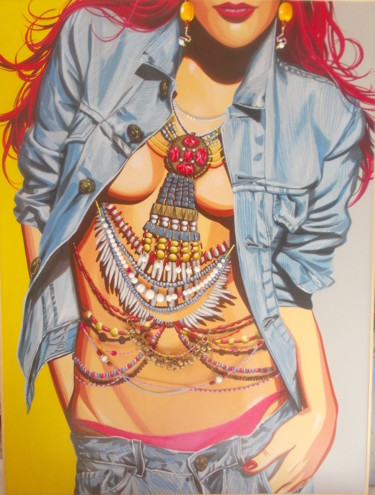 Painting titled "FASHION perles Jean" by Laurence Delmotte-Berreby, Original Artwork, Acrylic