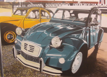Painting titled "2CV en bleu et jaune" by Laurence Delmotte-Berreby, Original Artwork, Acrylic