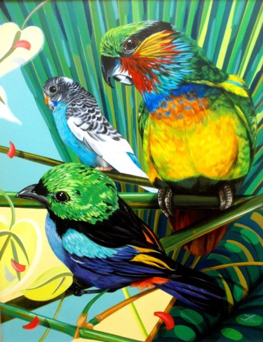 Painting titled "3 EXOTIC BIRDS" by Laurence Delmotte-Berreby, Original Artwork, Acrylic