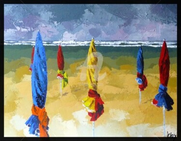 Schilderij getiteld "parasol a Deauville" door Laurence Clerembaux, Origineel Kunstwerk, Olie