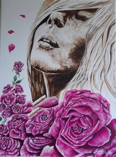 Painting titled "Rose" by Laurence Dufour, Original Artwork, Acrylic Mounted on Wood Stretcher frame