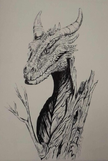 Zeichnungen mit dem Titel "Dragon de bois" von Laurence Dufour, Original-Kunstwerk, Gel Stift