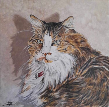 Painting titled "Le chat" by Laurence Dufour, Original Artwork, Acrylic Mounted on Wood Stretcher frame