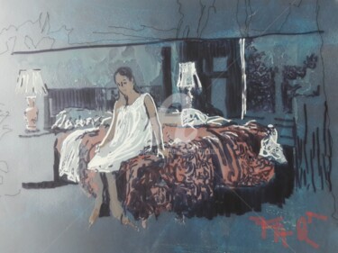 Pittura intitolato "Femme au bord du lit" da Laurence Fauchart, Opera d'arte originale, Pennarello Montato su Altro pannello…