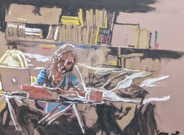 Peinture intitulée "Au bureau" par Laurence Fauchart, Œuvre d'art originale, Marqueur Monté sur Autre panneau rigide