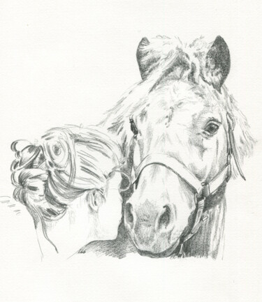 Drawing titled "Angèle et son poney" by Laurence Grard Guenard, Original Artwork, Pencil