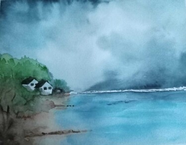 Painting titled "Plage & Orage" by Laurence Grard Guenard, Original Artwork, Watercolor