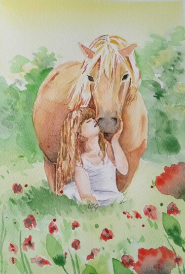 Painting titled "Bisous Poney" by Laurence Grard Guenard, Original Artwork, Watercolor