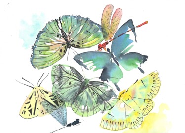 Картина под названием "Papillons bleus et…" - Laurence Grard Guenard, Подлинное произведение искусства, Акварель