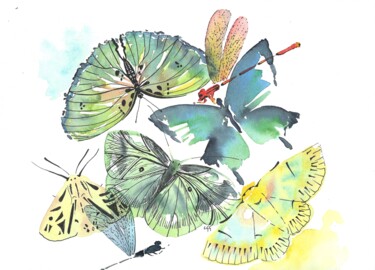 Peinture intitulée "Papillons bleus et…" par Laurence Grard Guenard, Œuvre d'art originale, Aquarelle