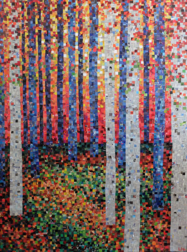 Collagen mit dem Titel "Teintes d'automne" von Laurence Hochin, Original-Kunstwerk, Collagen Auf Keilrahmen aus Holz montiert