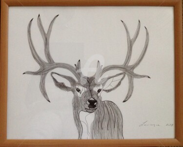 Drawing titled "LE CERF" by Laurence Lbn, Original Artwork, Ink Mounted on Glass