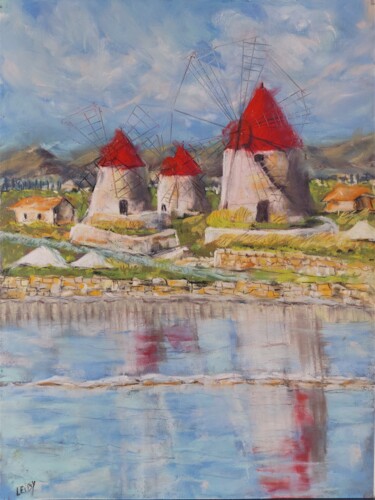 Moulins de Trapani, Sicile Peinture intitulée "Moulins de Trapani,…" par Laurence Leiby, Œuvre d'art originale, Pastel