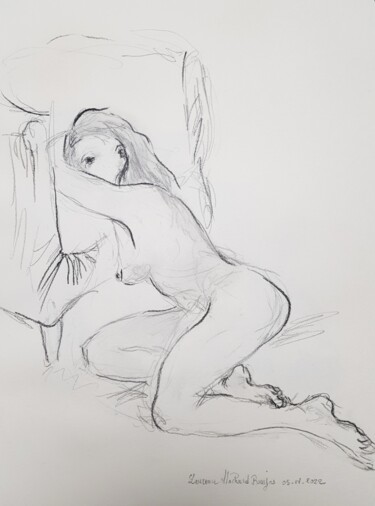Drawing titled "Elle nous guette" by Laurence Machard Brujas, Original Artwork, Pencil