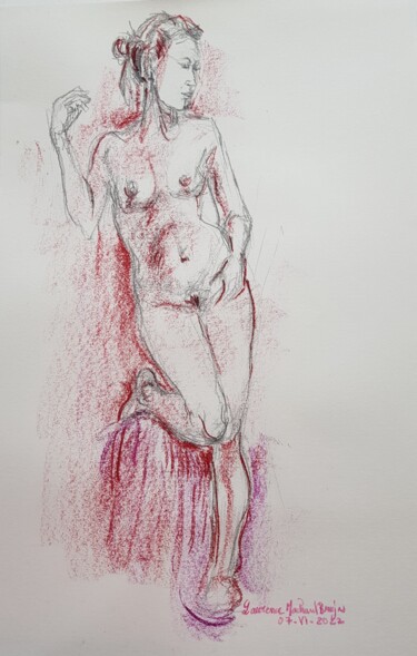 Drawing titled "Femme pensive" by Laurence Machard Brujas, Original Artwork, Pastel