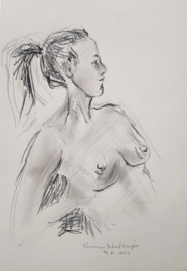 Drawing titled "Portrait aux seins…" by Laurence Machard Brujas, Original Artwork, Pencil