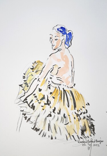 Drawing titled "Femme à la robe fro…" by Laurence Machard Brujas, Original Artwork, Watercolor