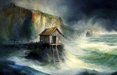 Digitale Kunst mit dem Titel "Fishing hut" von Laurence Masson, Original-Kunstwerk, Digitale Malerei