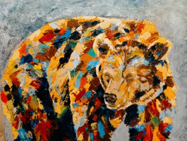 Painting titled "Ours coloré" by Laurence Masson, Original Artwork, Oil Mounted on Wood Stretcher frame