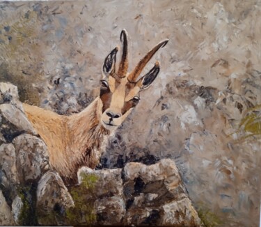 Painting titled "Le chamois" by Laurence Masson, Original Artwork, Oil Mounted on Wood Stretcher frame